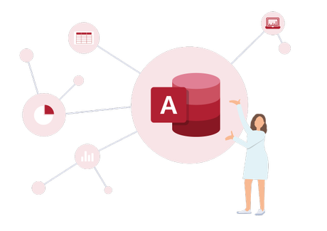 Frau zeigt Access Frau präsentiert Microsoft Access Symbol