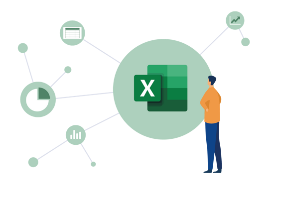 Excel Illustration eines Mannes sitzt mit Laptop auf dem Schoß neben Excel-Logo