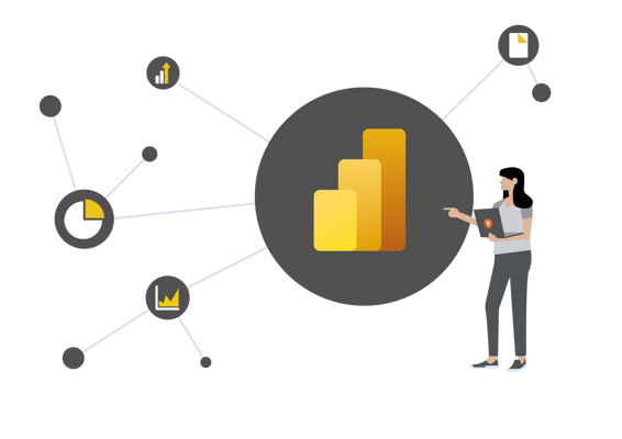 Power BI Illustration einer Frau mit Laptop in der Hand zeigt auf Power BI-Logo