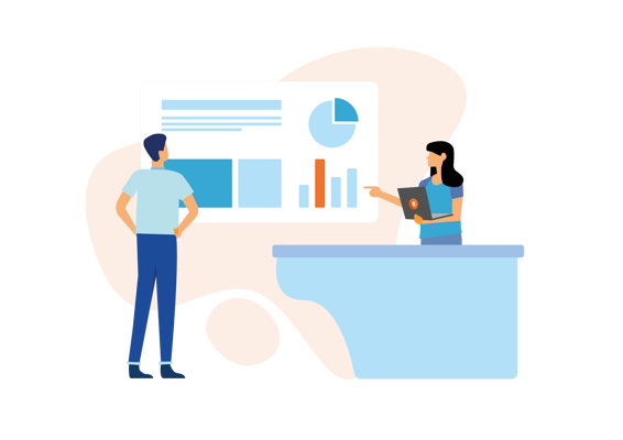 Power BI & Reporting Audit Ein Mann und eine Frau mit Laptop an einem Schreibtisch vor einem BI Report