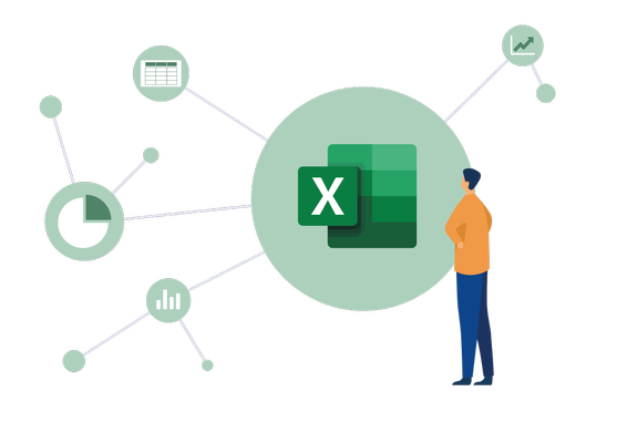 Excel Illustration eines Mannes sitzt mit Laptop auf dem Schoß neben Excel-Logo
