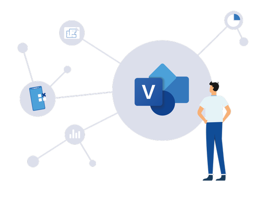 Visio Illustration eines Mannes betrachtet Visio-Logo