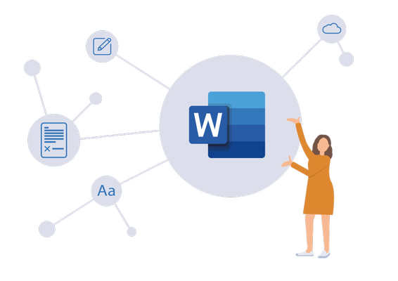 Word Illustration einer Frau präsentiert Word-Logo