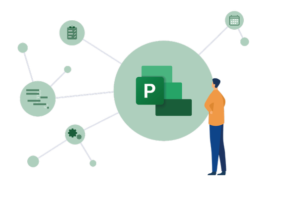 Project Illustration eines Mannes betrachtet Project-Logo