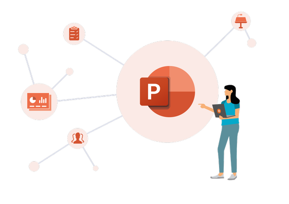 PowerPoint Illustration einer Frau mit Laptop in der Hand zeigt auf PowerPoint-Logo