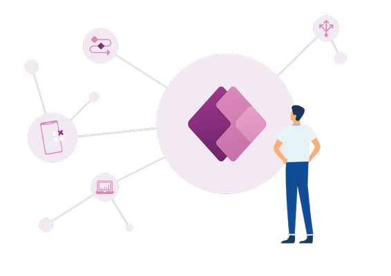 Power Apps Illustration eines Mannes betrachtet Power Apps-Logo