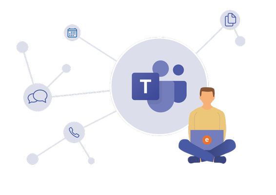 Teams Illustration eines Mannes sitzt neben Teams-Logo