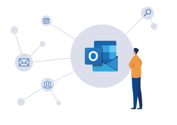 Outlook Illustration eines Mannes sitzt mit Laptop auf dem Schoß neben Outlook-Logo