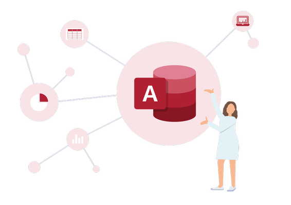 Access Illustration einer Frau präsentiert Access-Logo