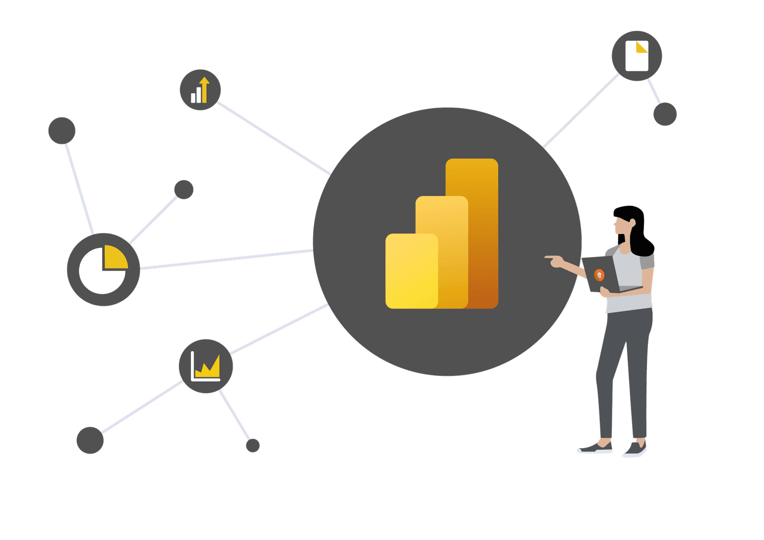 Power BI Illustration einer Frau mit Laptop in der Hand zeigt auf Power BI-Logo
