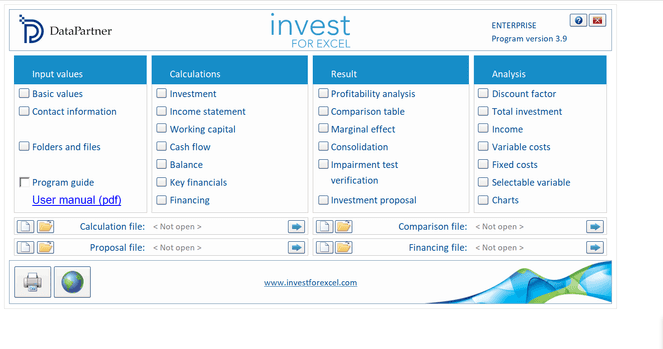 Screenshot des Startbildschirms von Invest for Excel