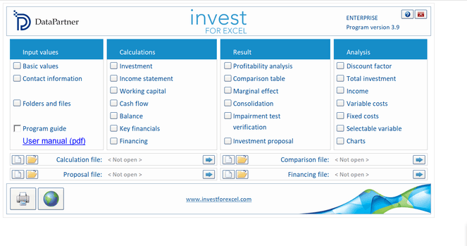Invest for Excel Startseite Screenshot des Startbildschirms von Invest for Excel